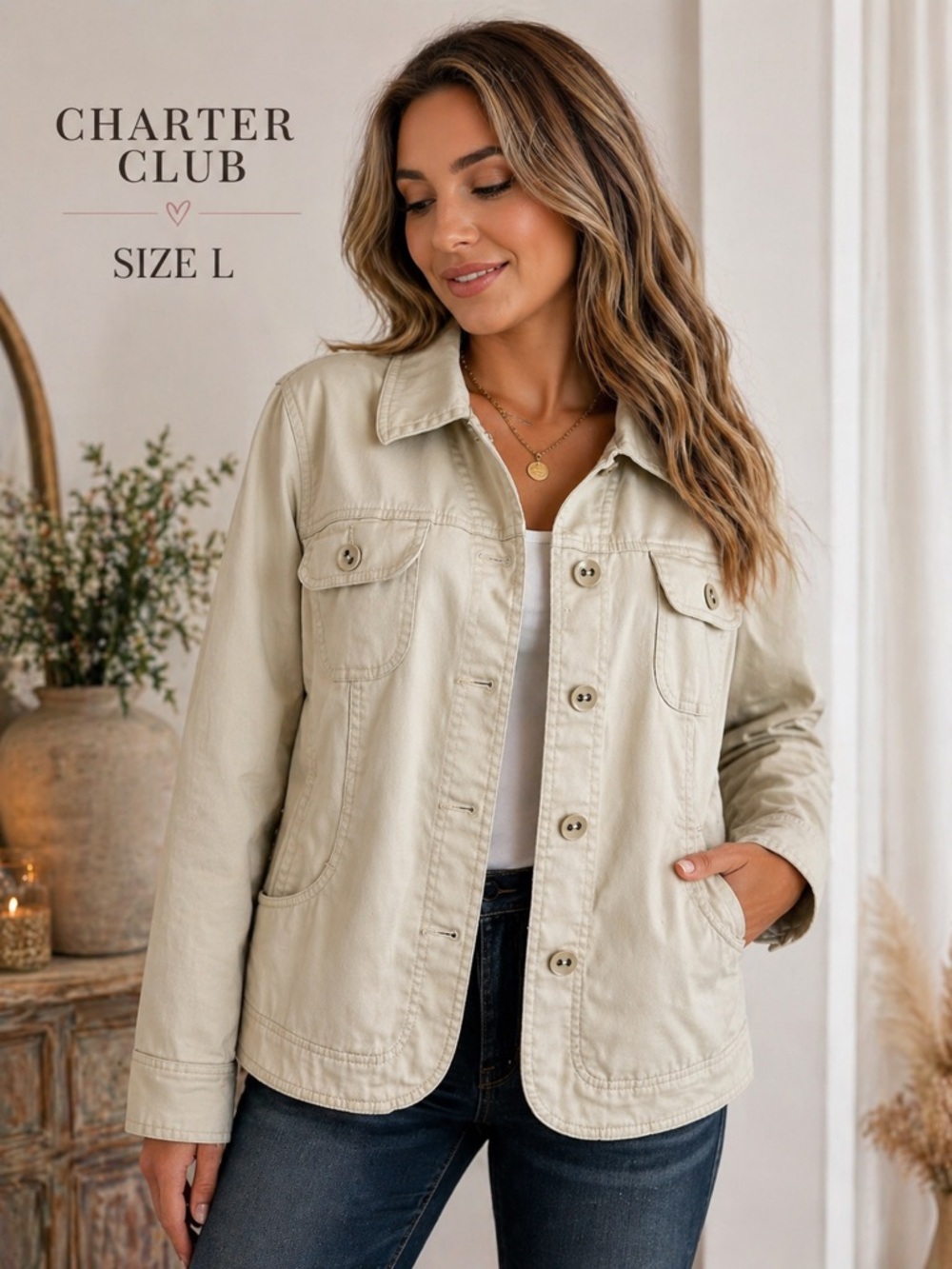 Charter Club Beige Utility Jacket Size L Button Front Casual Classic